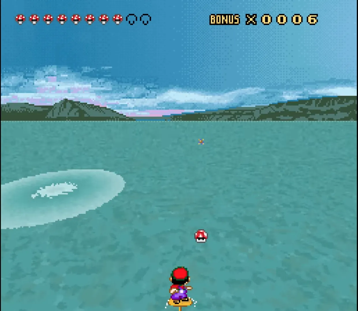 Mario on his surfboard collecting Mushrooms.