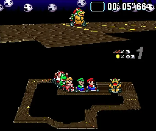 Bowser Jumps the Gap in the Ghost Valley 2 race track.