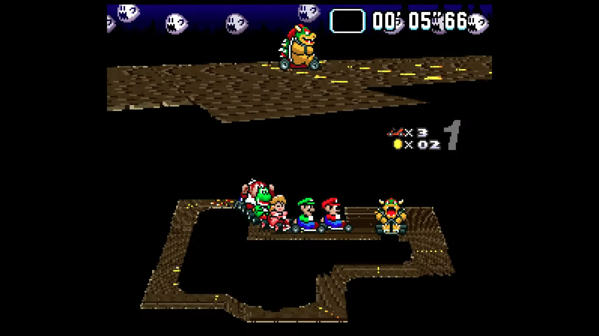 Bowser Jumps the Gap in the Ghost Valley 2 race track.
