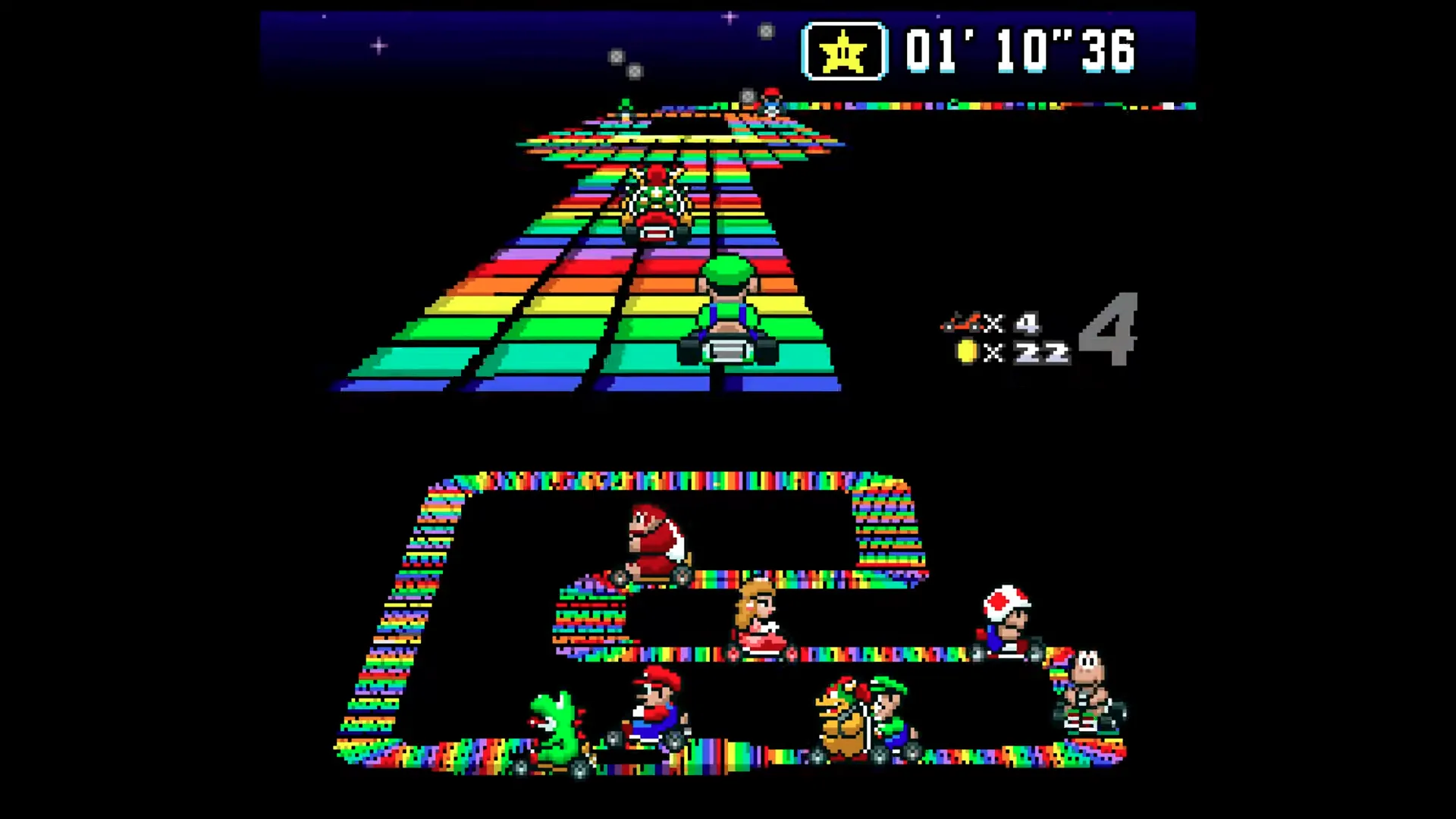 Luigi racing the Rainbow Road track.