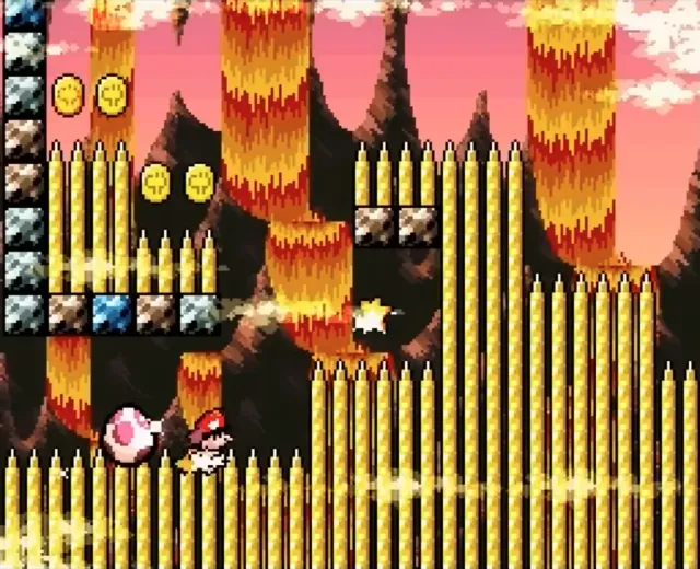 Baby Super Mario runs across spikes